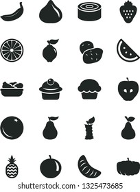 Solid Black Vector Icon Set - canned goods vector, cake, muffin, lettuce in a plate, strawberry, pineapple, pear, orange slice, quince, tasty apple, fig, tangerine, of, banana, half, ripe guava