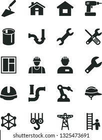 Solid Black Vector Icon Set - house vector, repair key, dwelling, builder, workman, winch hook, trowel, window, small tools, cordless drill, sewerage, construction helmet, water pipes, power pole