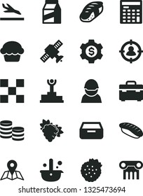 Solid Black Vector Icon Set - suitcase vector, tile, map, drawer, package, cake, sushi, japanese, strawberries, branch of grape, racer, metallurgy, man in sight, coins, engineer calculator, arrival