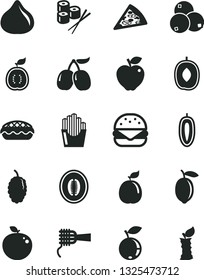 Solid Black Vector Icon Set - piece of pizza vector, big burger, noodles, apple pie, fried potato slices, sushi set, red, fig, blueberry, blueberries, mulberry, tasty cornels, delicious plum, lemon