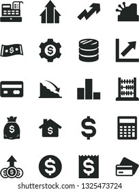 Solid Black Vector Icon Set - growth up vector, calculator, bar chart, abacus, reverse side of a bank card, column coins, recession, denomination the dollar, financial item, dollars, cash machine