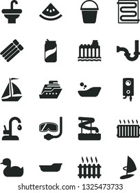 Solid Black Vector Icon Set - rubber duck vector, children's bathroom, bath, bucket, washbasin, sewerage, heating coil, kitchen faucet, boiler, soda can, slice of water melon, hydroelectricity