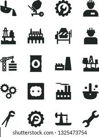 Solid Black Vector Icon Set - tower crane vector, workman, concrete mixer, adjustable wrench, power socket type f, gear, star, sea port, commercial seaport, oil derrick, industrial building, factory