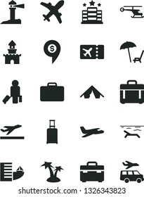 Solid Black Vector Icon Set - suitcase vector, case, coastal lighthouse, sand castle, helicopter, dollar pin, plane, passenger, rolling, ticket, departure, hotel, tent, beach, palm tree, transfer
