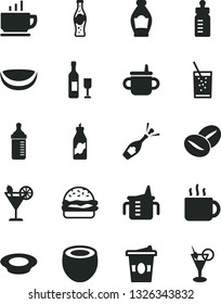 Solid Black Vector Icon Set - mug for feeding vector, measuring cup, bottle, coffee, burger, a plate of milk, beans, tea, coffe to go, glass soda, cocktail, liquor, piece coconut, half, wine