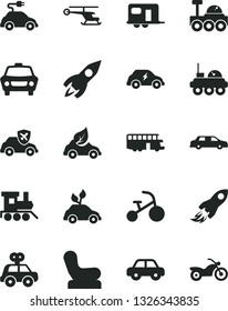 Solid Black Vector Icon Set - Baby Chair Vector, Motor Vehicle, Present, Toy Train, Tricycle, Car, Eco, Environmentally Friendly Transport, Electric, Autopilot, Rocket, Space, Lunar Rover, Limousine