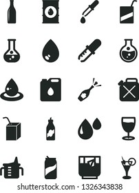 Solid Black Vector Icon Set - measuring cup for feeding vector, e, packing of juice with a straw, drop, glass tea, soda can, liquor, round flask, oil, canister, bottle, pipette, champagne, cocktail