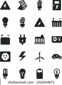 Solid Black Vector Icon Set - lightning vector, danger of electricity, saving light bulb, dangers, charge level, windmill, accumulator, battery, hydroelectricity, plug, socket, energy, mercury, idea