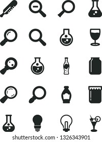 Solid Black Vector Icon Set - incandescent lamp vector, magnifier, zoom out, mercury thermometer, bulb, glass, bottle of soda, jam, round flask, jar, magnifying, cocktail