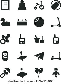 Solid Black Vector Icon Set - paper airplane vector, dummy, new abacus, beanbag, rubber duck, bath ball, baby, stacking rings, roly poly doll, toy phone, mobile, sand set, yule, small, child bicycle
