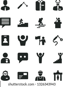 Solid Black Vector Icon Set - image of thought vector, builder, employee, pass card, folded shirt, welding, gas, think, scientist, carrer stairway, winner, man hands up, with medal, hold flag