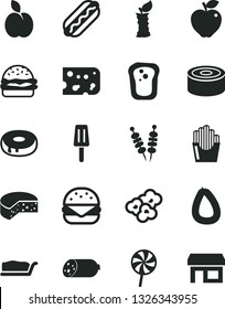 Solid Black Vector Icon Set - sausage vector, stick of, piece cheese, canned goods, fried vegetables on sticks, Hot Dog, big burger, cake slice, with a hole, lollipop, potato slices, popcorn, apple