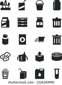 Solid Black Vector Icon Set - bin vector, storage unit, measuring cup for feeding, powder, e, packing of juice with a straw, bucket, dust, package, unpacking, canned goods, popcorn, jar jam, oil