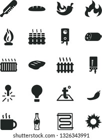 Solid Black Vector Icon Set - mercury thermometer vector, heating coil, temperature, radiator, boiler, electronic, sausage, loaf, chop, chili, cup of tea, bottle soda, red pepper, cast iron, flame