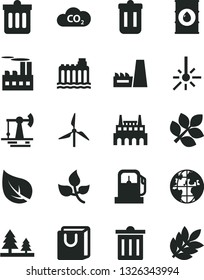 Solid Black Vector Icon Set - bin vector, dust, bag with handles, working oil derrick, leaves, leaf, gas station, windmill, hydroelectricity, forest, industrial building, thermal power plant, CO2