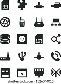 Solid Black Vector Icon Set - Puzzle vector, power socket type b, big data, phone call, SIM card, connections, scheme, mobile, usb, router, network, browser, connect, lan connector, wireless