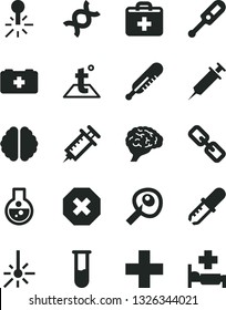 Solid Black Vector Icon Set - mark of injury vector, spectacles, first aid kit, plus, electronic thermometer e, mercury, bag a paramedic, temperature, outdoor, flask, test tube, dna, brain, pipette