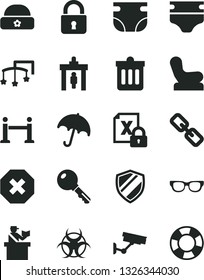 Solid Black Vector Icon Set - mark of injury vector, spectacles, toys over the cot, diaper, nappy, Baby chair, warm hat, dust bin, lock, key, umbrella, encrypting, glasses, biohazard, rope barrier