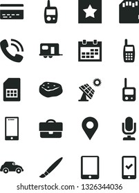 Solid Black Vector Icon Set - tassel vector, desktop microphone, calendar, bank card, toy phone, mobile, smartphone, piece of meat, big solar panel, retro car, SIM, location, portfolio, call, sd
