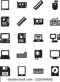 Solid Black Vector Icon Set - floppy disk vector, laptop, monitor, keyboard, computer, tablet pc, notebook, mouse, power supply, motherboard, memory, card, hdd