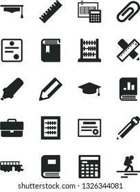 Solid Black Vector Icon Set - clip vector, briefcase, graphite pencil, yardstick, book, new abacus, writing accessories, calculation, text highlighter, on statistics, engineer calculator, patente
