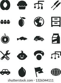 Solid Black Vector Icon Set - sign of the planet vector, toys over cradle, cot, motor vehicle, funny hairdo, small tools, flag, nightstand, package, bundle eggs, cake, barbecue, fish, half peach