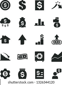 Solid Black Vector Icon Set - upward direction vector, dollar, line chart, strongbox, recession, a crisis, article on the, financial item, money, bag hand, rain, coin, mortgage, pedestal, gear