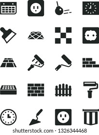 Solid Black Vector Icon Set - paint roller vector, brickwork, brick wall, building trowel, new, power socket type b, f, tile, putty knife, hedge, paving slab, pavement, core, calendar, watch