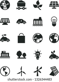 Solid Black Vector Icon Set - sign of the planet vector, paper bag, solar panel, leaves, windmill, wind energy, Earth, bulb, hydroelectric station, hydroelectricity, trees, electric car, sun