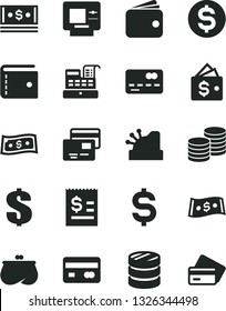 Solid Black Vector Icon Set - purse vector, dollar, cards, coins, reverse side of a bank card, front the, column, denomination, article on, wallet, cash, machine, cashbox, atm, credit