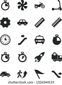 Solid Black Vector Icon Set - truck lorry vector, stopwatch, wind direction indicator, motor vehicle, child Kick scooter, timer, car, delivery, marine propeller, retro, rocket, wall watch, memory