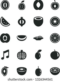 Solid Black Vector Icon Set - music vector, slices of onion, orange slice, half apricot, pomegranate, medlar, mango, peach, melon, tangerine, cherry, passion fruit, kiwi, sour lime, guawa