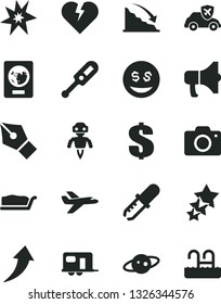 Solid Black Vector Icon Set - camera vector, dollar, electronic thermometer e, broken heart, megaphone, cake slice, autopilot, recession, pipette, robot, saturn, ink pen, bang, arrow up, eyes, pool