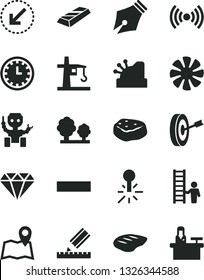 Solid Black Vector Icon Set - clock face vector, minus, drawing, left bottom arrow, chop, piece of meat, trees, tower crane, mercury thermometer, cashbox, fan, wireless, robot, ink pen, purpose, map