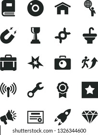 Solid Black Vector Icon Set - camera vector, washbasin, home, case, loudspeaker, wireless, repair, dna, book, magnet, medal, rocket, patente, bang, gold cup, man arrow up, hold world, star, diamond