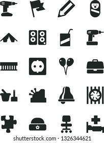 Solid Black Vector Icon Set - bell vector, roly poly doll, toy sand set, e, colored air balloons, Puzzle, warm hat, cordless drill, flag, power socket, briefcase, pencil, cashbox, radiator fan, tent