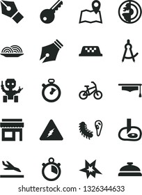 Solid Black Vector Icon Set - onion vector, electricity, bactery, graduate hat, drawing compass, artifical insimination, earth core, robot, stopwatch, ink pen, bang, taxi, bike, arrival, map, key