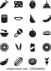 Solid Black Vector Icon Set - beanbag vector, deep plate with a spoon, birthday cake, piece of cheese, tin, fried vegetables on sticks, Hot Dog, mini, onion, garlic, carrot, soda can, blackberry