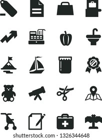 Solid Black Vector Icon Set - scribbled paper vector, first aid kit, growth up, remove label, sitting stroller, small teddy bear, washbasin, map, notes, jam, Bell pepper, hand bag, cash machine