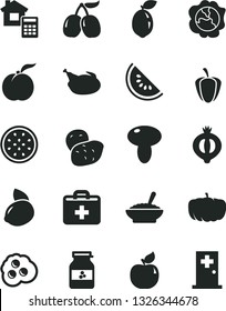 Solid Black Vector Icon Set - first aid kit vector, estimate, mushroom, a bowl of buckwheat porridge, chicken, omelette, jar jam, ripe peach, squash, apricot, half medlar, tasty cornels, sour lime