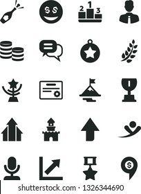 Solid Black Vector Icon Set - upward direction vector, growth chart, employee, pedestal, coins, laurel branch, award, star cup, arrows, medal, motivation, hero, certificate, dialog, microphone, pin