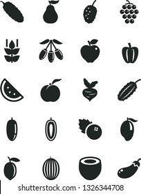 Solid Black Vector Icon Set - cucumber vector, blueberries, orange slice, mint, ripe peach, large grape, red apple, tasty mulberry, melon, mango, goji berry, date fruit, sweet, lemon, guava, beet