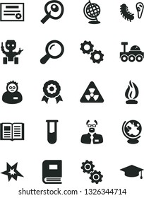 Solid Black Vector Icon Set - book vector, test tube, nuclear, zoom, gears, bactery, globe, flame, scientist, artifical insimination, medal, robot, lunar rover, patente, bang, graduate