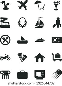 Solid Black Vector Icon Set - sail boat vector, motorcycle, passenger, suitcase, plane ticket, atm, boungalow, arnchair under umbrella, palm tree, hawaii wreath, cocktail, aquapark, cafe, flippers