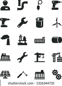 Solid Black Vector Icon Set - repair key vector, crane, tower, workman, cordless drill, plummet, sea port, solar panel, windmill, water pipes, manufacture, hydroelectric station, hydroelectricity