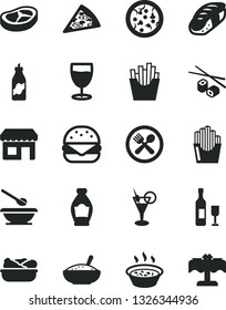 Solid Black Vector Icon Set - plates and spoons vector, pizza, piece of, big burger, a bowl rice porridge, in saucepan, lettuce plate, bacon, French fries, fried potato slices, Chinese chopsticks