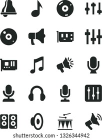 Solid Black Vector Icon Set - bell vector, desktop microphone, loudspeaker, drumroll, music, regulator, megaphone, pc card, cd, headphones, speaker, note, settings