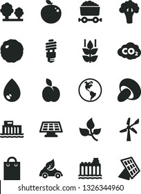 Solid Black Vector Icon Set - drop vector, porcini, cabbage, apple, mint, delicious, broccoli, leaves, wind energy, planet Earth, hydroelectric station, hydroelectricity, trees, saving bulb, eco car