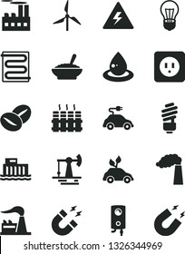 Solid Black Vector Icon Set - danger of electricity vector, saving light bulb, power socket type b, heating coil, radiator, boiler, a bowl buckwheat porridge, coffee beans, working oil derrick, drop
