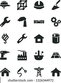 Solid Black Vector Icon Set - repair key vector, house, dwelling, hook, trowel, cordless drill, building level, construction helmet, paving slab, manufacture, power pole, industrial, pipes, steel